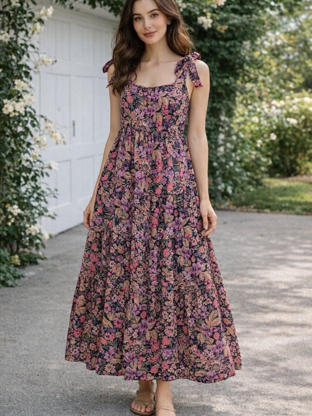 Gilli XXL Floral Tie Strap Midi Dress Boho Cottagecore Smocked Back Pink Purple